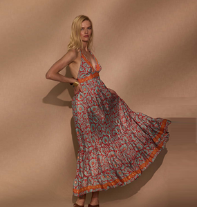 Vestido Largo Bohemio Floral con Cuello Halter y Lazo Trasero para Mujer, Sin Espalda, Plisado, Cintura Imperio, Maxi de Verano para Playa - Surtido - Product Image 1