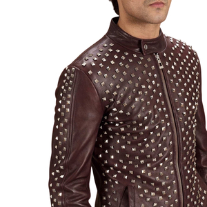 Veste en cuir véritable pour homme, coupe slim, col montant, fermeture éclair, style motard, avec rivets argentés - Product Image 5