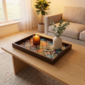Rehman Craft Rectangular <b>Wooden</b> Serving Tray <b>Dark</b> Walnut Frame Colorful Mandala Tile Pattern Base Modern Food Grade Durable Tray - Product Image 1