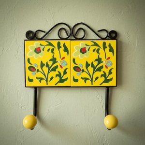 Crochets muraux en céramique jaunes à motifs floraux, 2 supports en céramique, imperméables, écologiques, installation autocollante pour la décoration de la maison, style rétro - Product Image 3