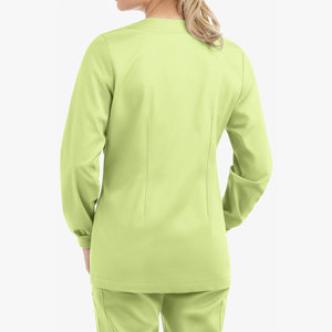 Blouse de travail hospitalière sur mesure à col boutonné sans col, manches longues, poignets tricotés, coupe ajustée – Vente en gros de blouses de travail - Product Image 3