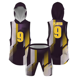 Ensemble short et débardeur à capuche personnalisé, sublimé, bleu marine, rouge et blanc, à rayures géométriques, uniforme de basketball 7v7, joueur 9, service OEM - Product Image 3