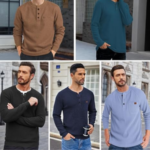 <b>Men</b>’s Waffle Thermal Long Sleeve <b>Shirt</b>, Casual Textured T-<b>Shirt</b> with Chest Pocket, Lightweight Warm Pullover Top for Fall/Winter - Product Image 2