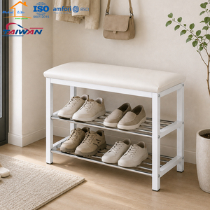 Banc à chaussures avec coussin en similicuir, étagère de rangement à 2 niveaux en métal pour entrée et placard - Product Image 5