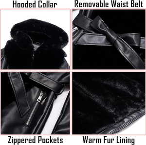 Manteau d'hiver décontracté noir à capuche pour femme avec ceinture, fermeture éclair et bordure en fausse fourrure respirante, manches longues - Product Image 3