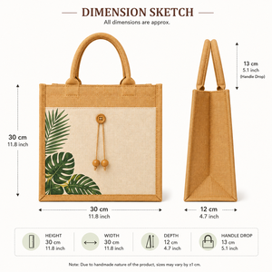 natural laminated jute tote bag with tropical leaf print eco friendly reusable shopping <b>handbag</b> wholesale - Product Image 2
