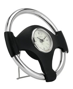 Steering Wheel Desk <b>Clock</b> Circular Battery Operated Quartz Movement <b>Silver</b> Metal Modern Design - Product Image 3
