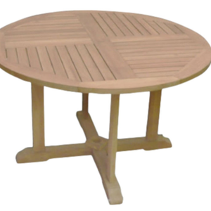 A <b>round</b> teak garden <b>table</b> featuring a paneled tabletop and cross-style legs, suitable for a dining room. - Product Image 3