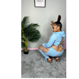 Ensemble pantalon et haut à capuche bleu pour femme, manches longues, taille haute, avec lacets, tenue de club sexy, couleur unie, en spandex et polyester, longueur complète - Product Image 4