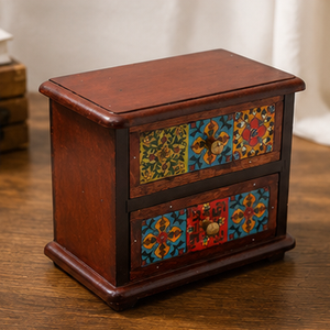 Hand Painted Wooden <b>Storage</b> <b>Box</b> with 2 <b>Drawers</b> Mediterranean Design Solid Wood Craftsmanship Bedroom Decor - Product Image 3