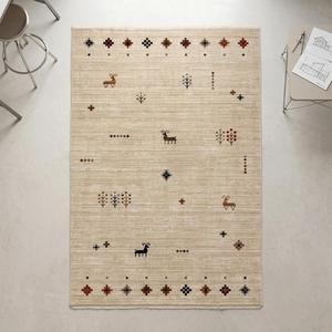 Alfombra de Lana Hecha a Mano con Diseño Tribal Beige y Motivos Nómadas, Alfombra Decorativa Hecha a Mano para Sala de Estar - Product Image 1