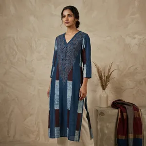 Women <b>Blue</b> S Silk Hand Embroidered Kurti V Neck Three Quarter Sleeve Straight Fit Ethnic <b>Tunic</b> Elegant Traditional Casual Wear - Product Image 5
