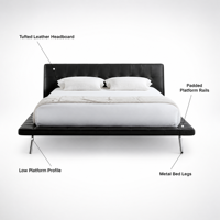 Lit plateforme moderne de luxe en cuir Nappa noir, tête de lit capitonnée, mousse à haute résilience, support à lattes en acier pour chambre à coucher