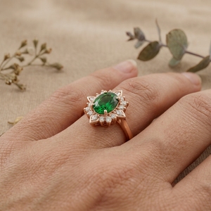 Vintage Green Oval Gemstone Halo <b>Ring</b> for Women Rose Gold Moissanite Engagement Wedding <b>Ring</b> - Product Image 6