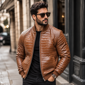 LEATHER SPOT <b>Men's</b> for Embossed Leather <b>Bomber</b> <b>Jacket</b> Biker Style Vintage Slim Fit <b>Summer</b> Motorcycle Windproof Breathable - Product Image 2