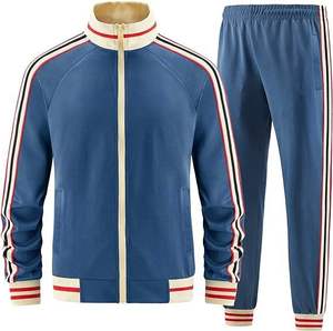 Survêtement unisexe bleu marine à fermeture éclair intégrale, col montant, poches latérales rayées, vêtement décontracté d'automne, mélange polyester-coton, coupe classique - Product Image 5