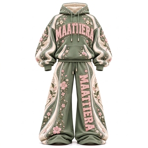 Conjunto Deportivo para Mujer, Sudadera con Capucha Bordada con Flores en Verde Salvia y Rosa, Pantalones Deportivos Anchos, Proveedor Mayorista OEM ODM Personalizado - Product Image 4
