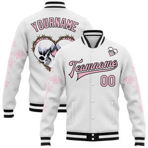 Custom Punk Style Varsity <b>Jacket</b> <b>Men</b> <b>White</b> Pink Skull Heart Print Digital Printed Polyester/Cotton Baseball <b>Jacket</b> Plus Size - Product Image 1