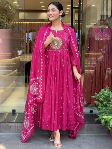 Pink Other Party Quick Dry Kurta with Embroidered Dupatta Regular Fit Traditional Indian Women's Casual Wear - Product Image 1