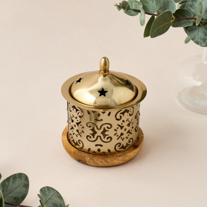Brass Incense Burner with Wood Base Aromatherapy <b>Diffuser</b> Decorative Metal Holder for Bakhoor and Fragrance All-Season Use - Product Image 6