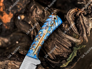 มีดเหล็กดามัสกัสตีขึ้นรูปด้วยมือ ใบมีดแบบดรอปพอยต์ สำหรับเอาตัวรอด ตั้งแคมป์ ล่าสัตว์ ด้ามจับรูปทรงกรวยสน พร้อมปลอกหนัง ขายส่งราคาดีที่สุด - Product Image 6