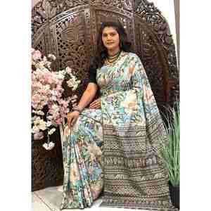 DISEÑADOR CREPÉ SEDA DIGITAL BANDHEJ ESTAMPADO TRABAJO SAREE CON BLUSA SIN COSTAR GRIS - Product Image 1