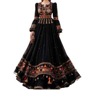 Organza A-Line Gown With Tassel Lantern Sleeves Handmade Floor-Length V-Neck Bohemian Evening Dress Black <b>Colour</b> Trendy Design - Product Image 1