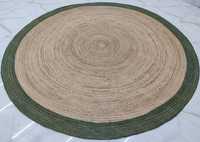 Tapis d'appoint en jute tissé à la main, style bohème chic, bordure verte, décoration de maison de style farmhouse