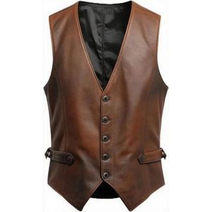 Gilet de motard en cuir véritable pour homme, style décontracté chic, col en V vintage personnalisé, résistant aux abrasions, vêtement d'extérieur pour l'automne - Product Image 5