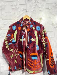 <b>Maroon</b> Velvet Stand Collar Jacket Hand Embroidered Floral Pattern Full Sleeve Women's <b>Coat</b> Autumn Wear Wholesale B2B Suzani <b>Coat</b> - Product Image 2