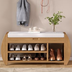 Retro Multifunctional Cushioned Storage Bench with Curved Side Panel Shoe Rack for Entrance and Living Room - Product Image 3