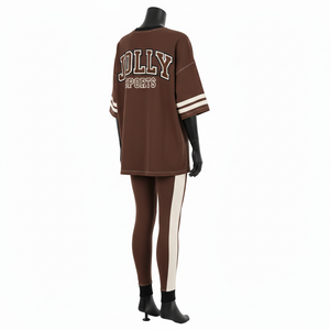 Ensemble de vêtements pour femmes, t-shirt varsity marron en jersey coton polyester premium 220 GSM, legging extensible, broderie, logo personnalisé - Product Image 5