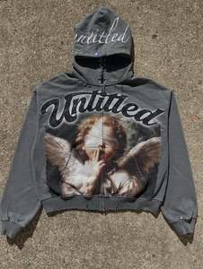 Custom men Cropped Zip Up Hoodies Vintage Wash Artistic Portrait Graphic Print <b>Crystal</b> Detail <b>Raw</b> Edge Finish Streetwear Hoodies - Product Image 1