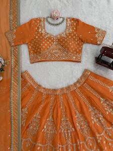 Orange Georgette Lehenga Choli Set Embroidered <b>Sequins</b> Work <b>Flared</b> Dupatta Traditional Dress for Wedding Party - Product Image 4