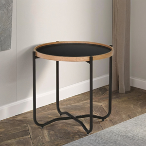 Movable Lipped Bentwood Edge Melamine Top Round Contemporary Living Room Side <b>Table</b> with <b>Epoxy</b> Metal Road X-Base Leg - Product Image 1