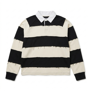 Camiseta de Rugby Personalizada con Logotipo de Marca, Cuello Blanco en Contraste, con Rayas Desgastadas, 100% Algodón, Estilo Vintage para Hombre - Product Image 5