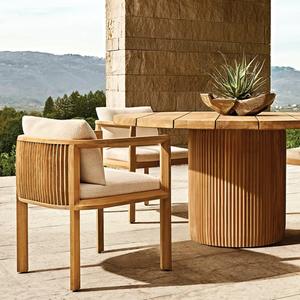Coastal <b>Round</b> <b>Outdoor</b> Dining <b>Table</b> Solid Teak Wood Elegant <b>Round</b> Top Fluted Pedestal Base Luxury Garden and Resort Furniture - Product Image 6
