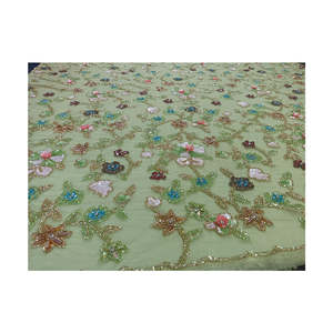 Tela de Alta Costura con Cuentas para Vestidos de Novia y de Noche, Bordado en Verde Menta con Lentejuelas y Flores 3D - Product Image 1