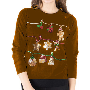 <strong>Womens</strong> Festive Sequin Christmas Sweatshirt Long Sleeve Crew Neck Holiday <strong>Jumper</strong> <strong>Sparkly</strong> Winter Pullover Party Knit Top - Product Image 1