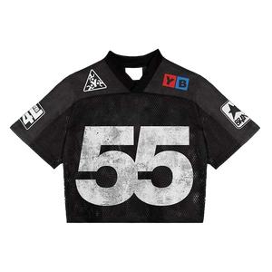 เสื้อฟุตบอลตาข่ายลายกราฟิกเปลวไฟแบบกำหนดเองสำหรับผู้ชาย แขนสั้นแบบครอป สตรีทแวร์ ระบายอากาศได้ดี สไตล์วินเทจ - Product Image 2