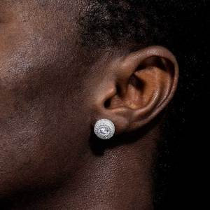 Round Center Stone Triple Border <b>Earrings</b> For <b>Men</b> <b>Gold</b> Finish Textured Halo Stud <b>Earrings</b> Wholesale Supplier - Product Image 2