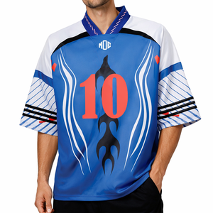 เสื้อฟุตบอลอเมริกันแบบซับลิเมชั่นสีน้ำเงิน ดีไซน์ทันสมัยปี 2026 คอวีทรงโอเวอร์ไซส์ ผลิตจากโพลีเอสเตอร์ รับผลิตจำนวนมากแบบ OEM - Product Image 4