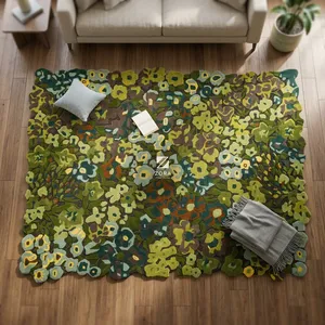 Tapis rectangulaire en laine et acrylique tufté à la main, motif floral, style bohème, à poils longs et épais, avec envers antidérapant en caoutchouc, pour salon - Product Image 5