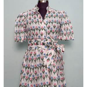 Hermoso Vestido Midi de Verano, Dulce y Lindo, 100% Algodón, Estampado Digital, Cuello en V, Manga Corta, Silueta en A, para Fiesta, con Bolsillos - Product Image 4