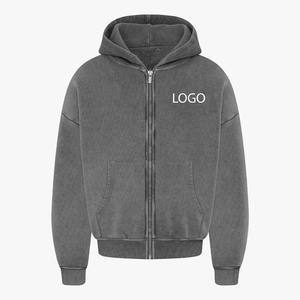 เสื้อฮู้ดซิปเต็มตัวสีเทาเข้มสำหรับผู้ชาย สไตล์วินเทจ ล้างสีแล้ว พร้อมโลโก้สั่งทำ แขนยาว มีกระเป๋าหน้า สวมใส่สบายๆ สไตล์สตรีทแวร์ รับผลิตแบบ OEM ODM - Product Image 1