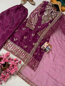 <b>Women's</b> Purple Embroidered Silk <b>Kurta</b> Set With Gold Thread Work Floor-Length Traditional Indian Pakistani Wear All Seasons - Product Image 2