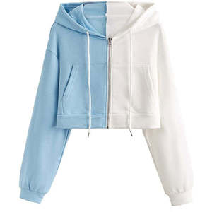 Sudadera con capucha para mujer, con bloques de color, cremallera frontal asimétrica, corta, informal, azul y blanca, de punto, manga larga - Product Image 1