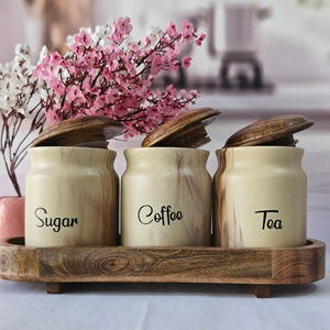 Juego de recipientes de cocina con diseño de mármol, tapa de madera y bandeja, elegante organizador de encimera para té, café y azúcar. - Product Image 3