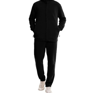 Men's Black Full <b>Zip</b> <b>Hooded</b> Tracksuit Set Polyester Sweatshirt & Jogger Pants with Side Pockets Casual Autumn Sportswear Outfit - Product Image 5