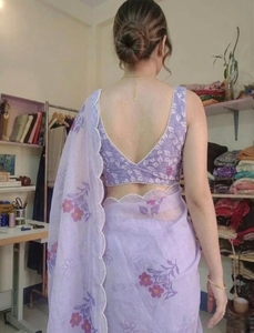 Sari de lino y algodón con estampado floral para mujer KV, blusa sin coser (morado), reversible, para fiestas de otoño y bodas - Product Image 6